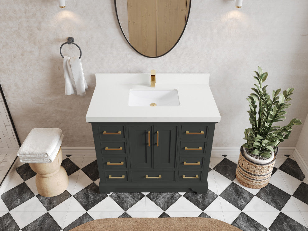 Charlotte 42" Single Sink Bath Vanity in Black Top 2" White Quartz