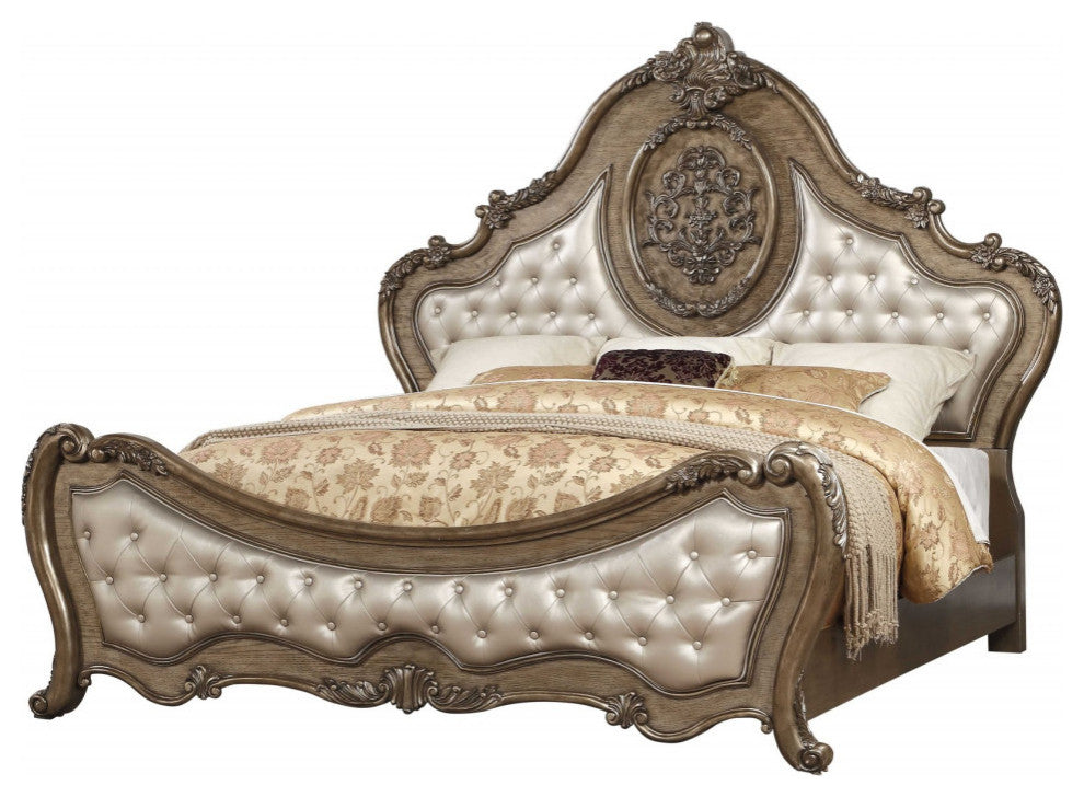 Queen Tufted Bronze Upholstered Faux Leather Bed With Nailhead Trim
