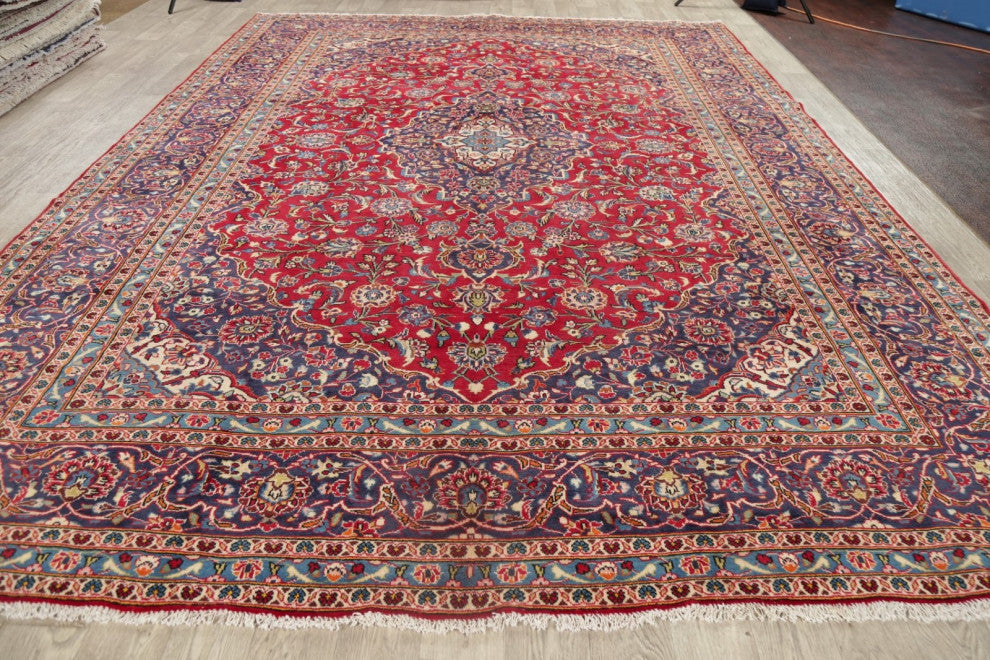 Consigned, Oriental Persian Handmade Vintage-Style Low Pile Area Rug, Red, 10x13
