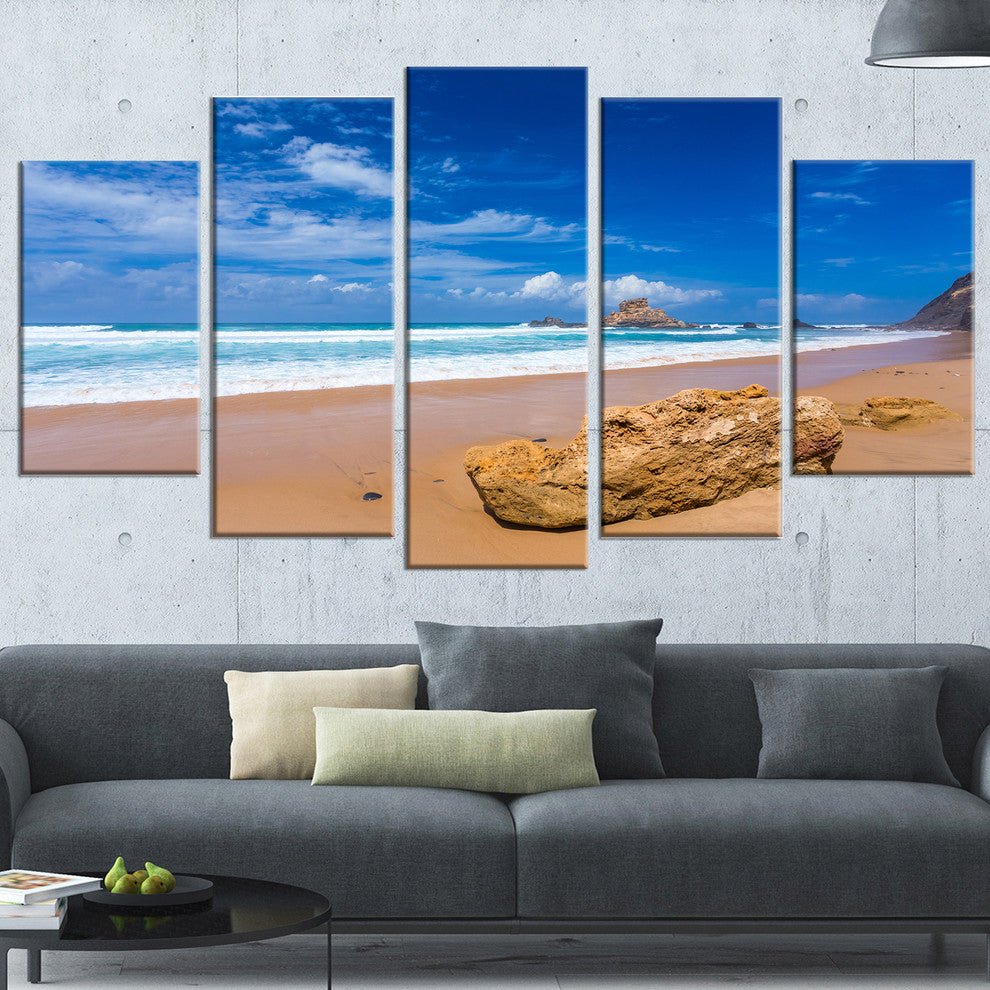 "Huge Brown Rock in Atlantic Seashore" Seashore Wall Art, 5 Panels, 60"x32"