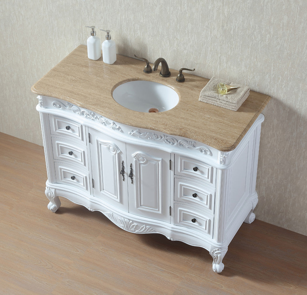 Cassandra 48" Single Sink Bathroom Vanity, White Cabinet, Travertine Marble Top