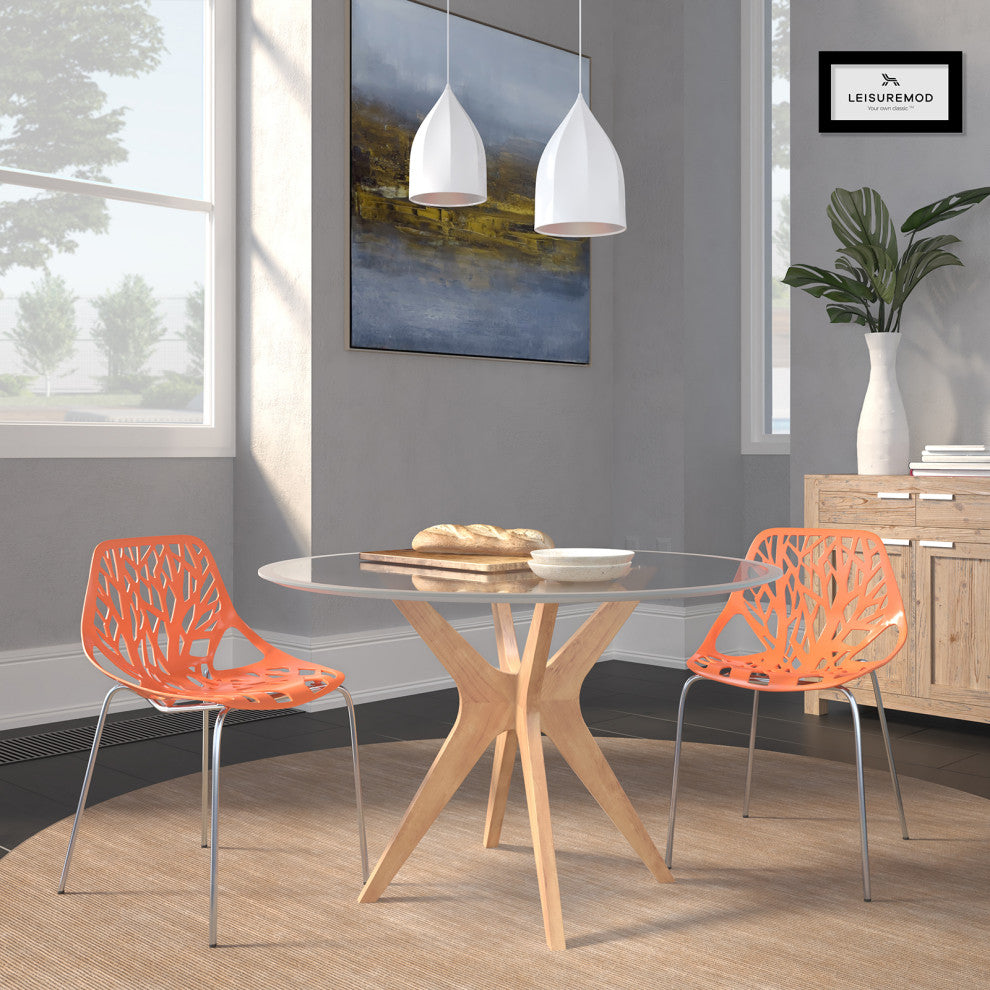 Leisuremod Asbury Plastic Stackable Dining Chair With Chromed Legs, Set of 2, Orange