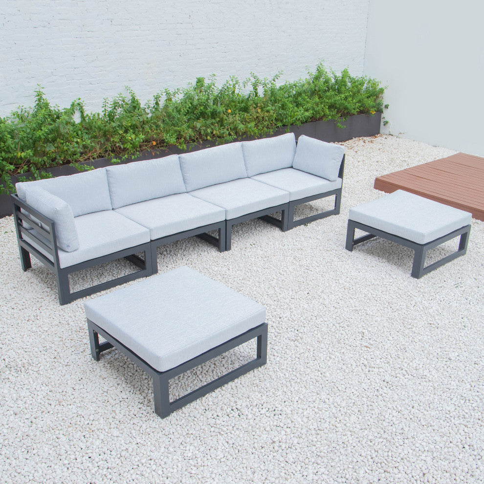 LeisureMod Chelsea 6-Piece Patio Ottoman Sectional Black Aluminum, Light Gray