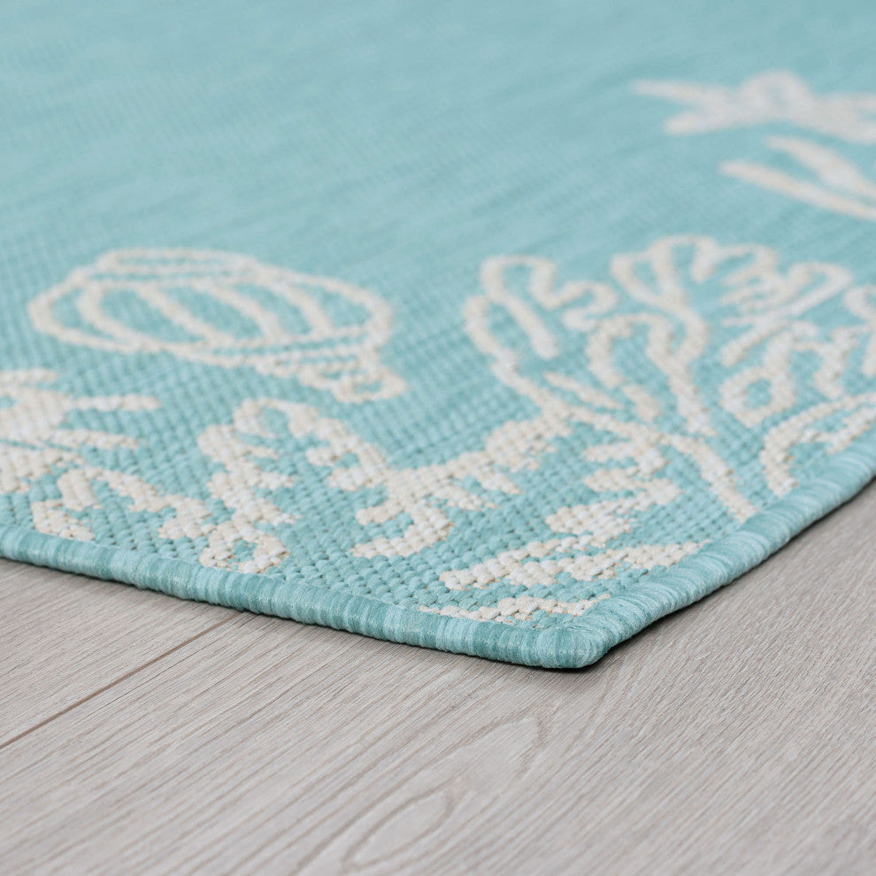 Biscayne Novelty Coastal Aqua/Cream Rectangle Indoor/Outdoor Area Rug, 8'x10'