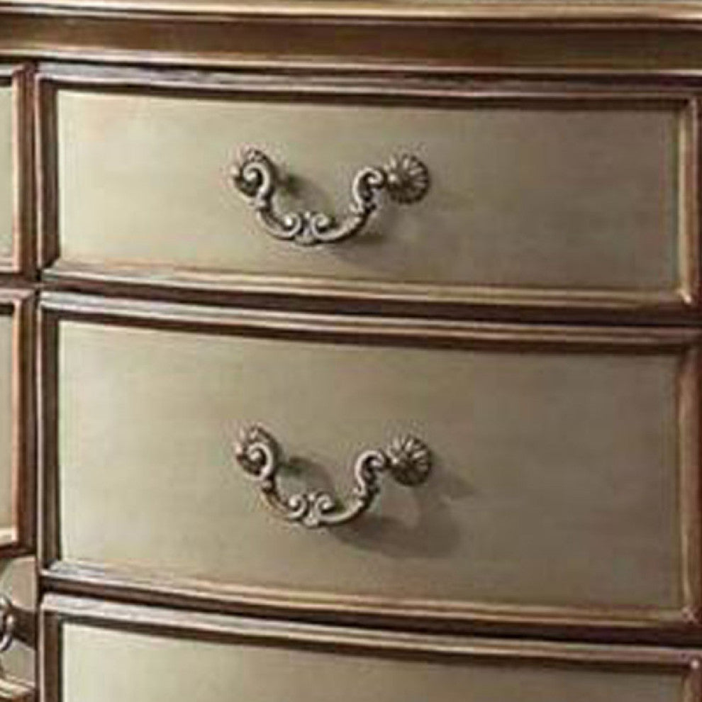 Benzara BM185902 Wooden Dresser With Scrolled Poster Legs, Gold And Bone White