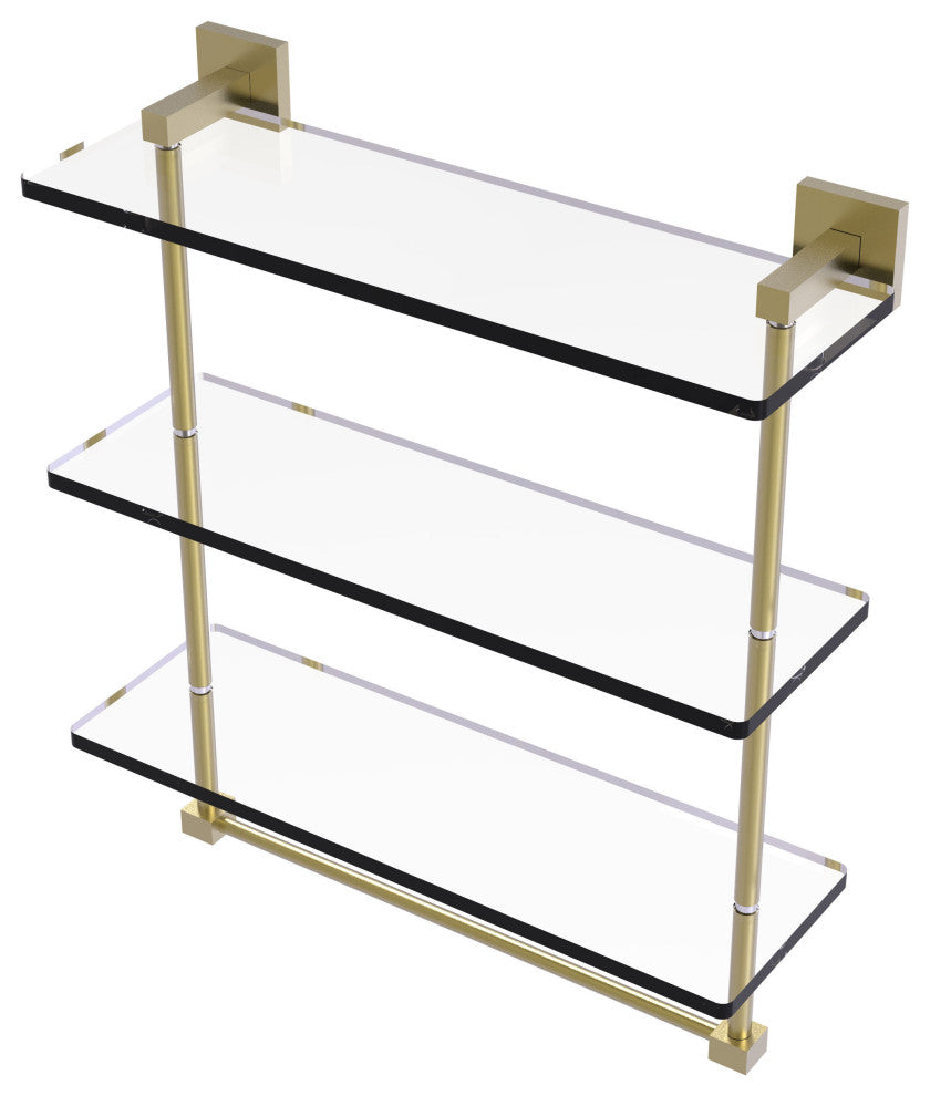 Montero 16" Triple Tiered Glass Shelf with towel bar, Satin Brass