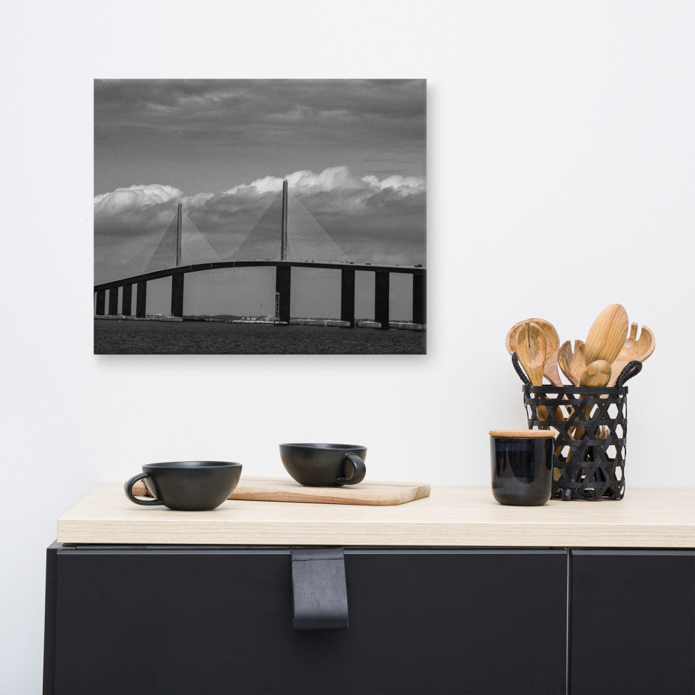 Skyway Bridge Black & White Landscape Photo Canvas Wall Art Print, 16" X 20"
