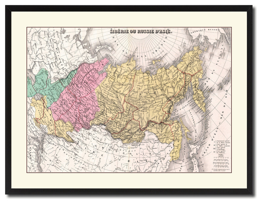 Russia Siberia Vintage Antique Map Wall Art, 28"x37"