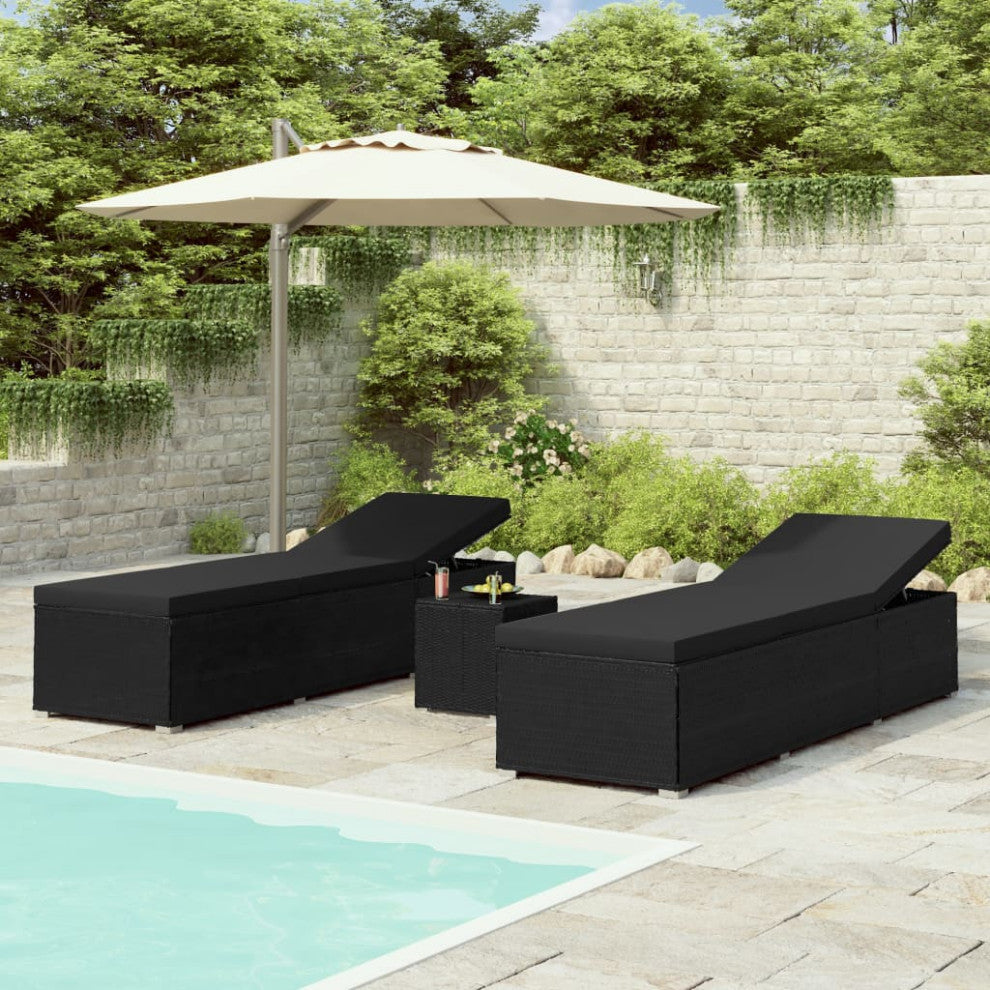 vidaXL Patio Sun Lounger Pool Sunbed with Tea Table 3 Piece Poly Rattan Black