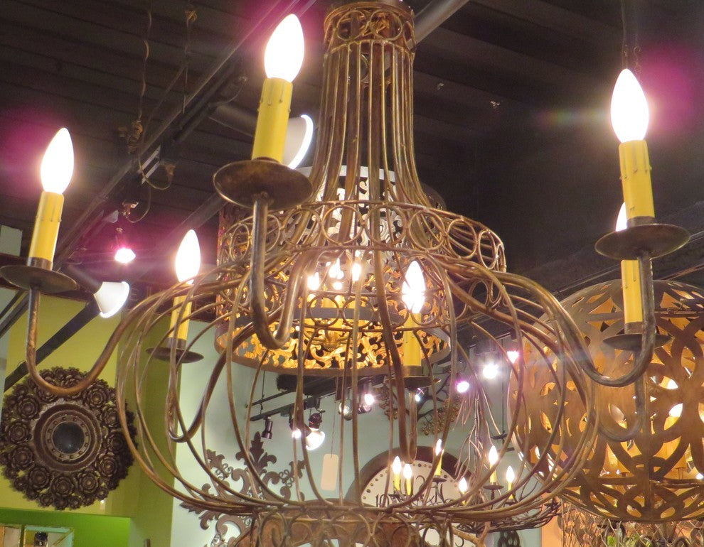 Bronze Iron French Basket Candle Chandelier, Romantic Country Cottage Globe