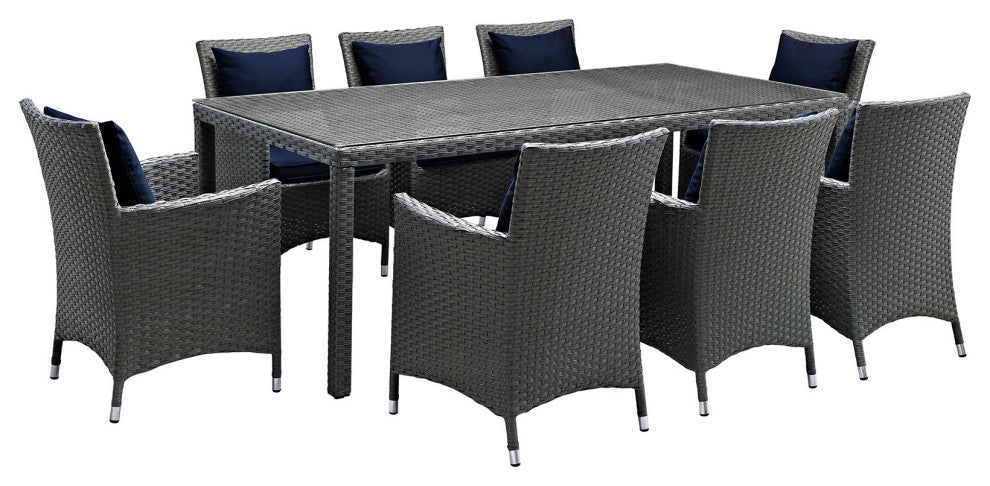Modway Sojourn 9 Piece Outdoor Patio Sunbrella Dining Set, Canvas Navy
