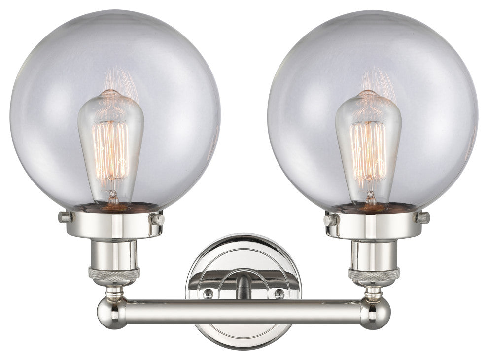 Edison Large Beacon 2-Light 16" Vanity Light, Polished Nickel With Clear Shade