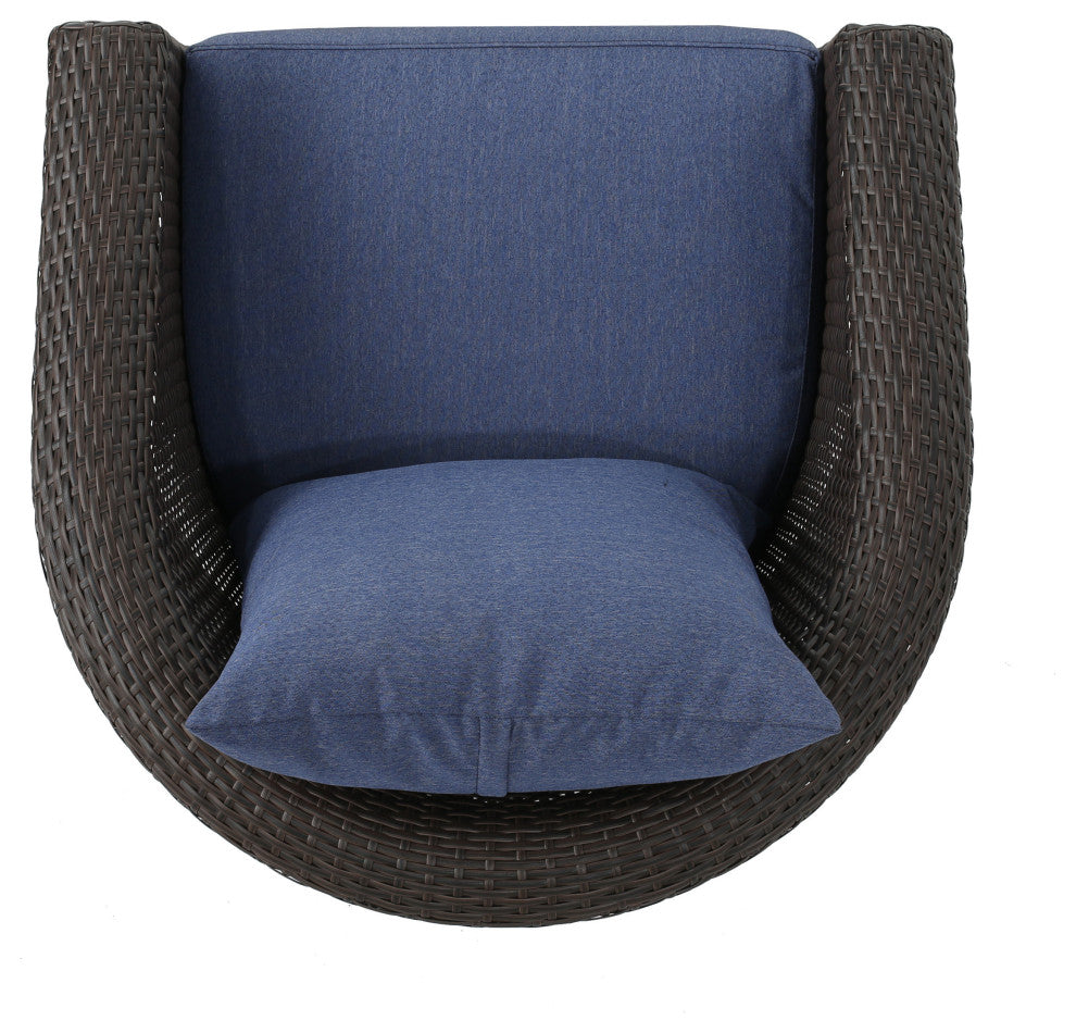 GDF Studio Dillard Outdoor Mix Brown Wicker Swivel Club Chair, Navy Blue, Set of 4