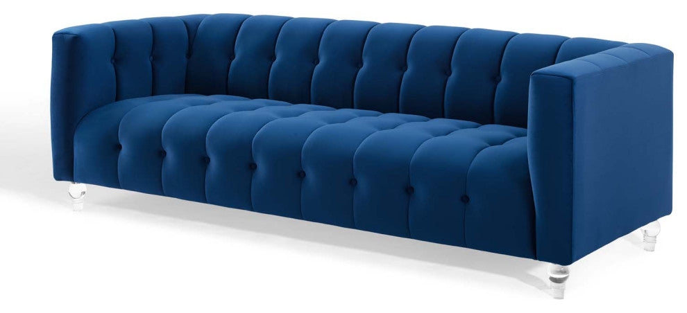Tufted Sofa, Velvet, Blue Navy, Modern, Living Lounge Hotel Lobby Hospitality