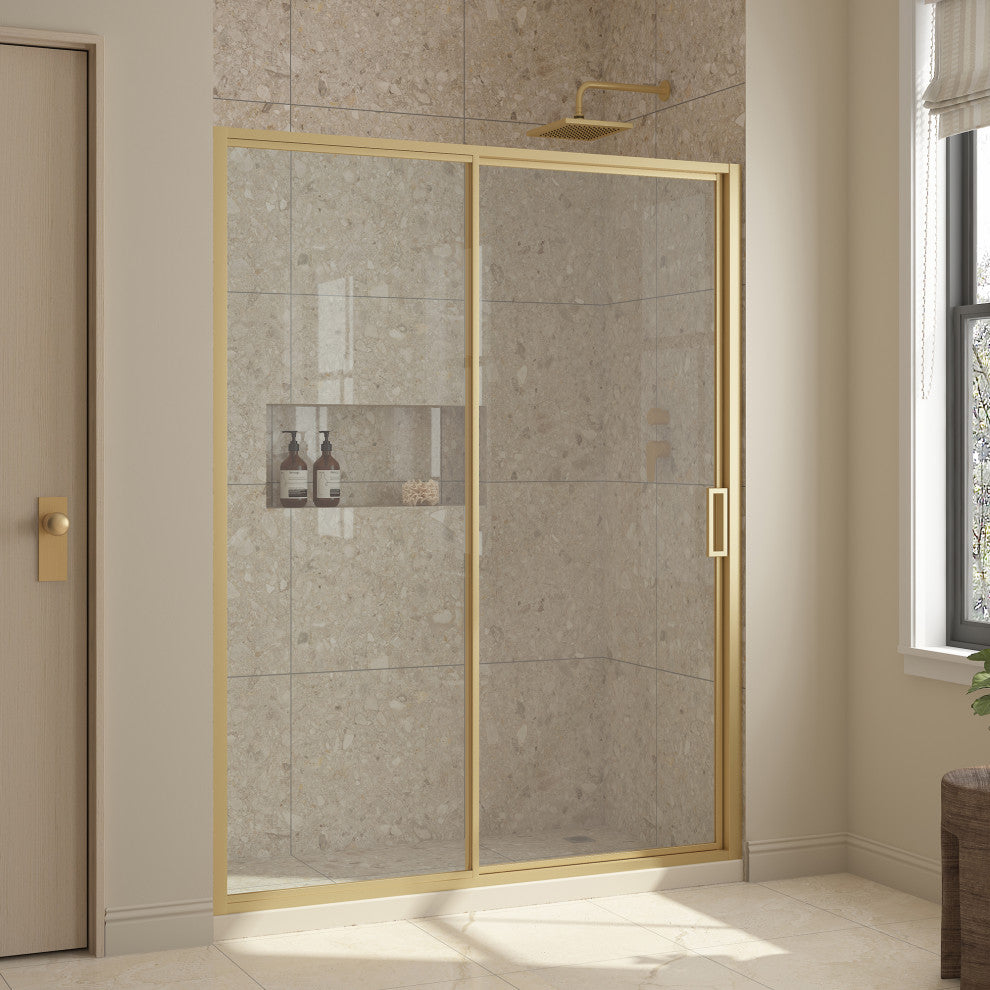 Stanford Sliding Fluted Alcove Shower Door, Brushed Gold, Clear Glass, 60"