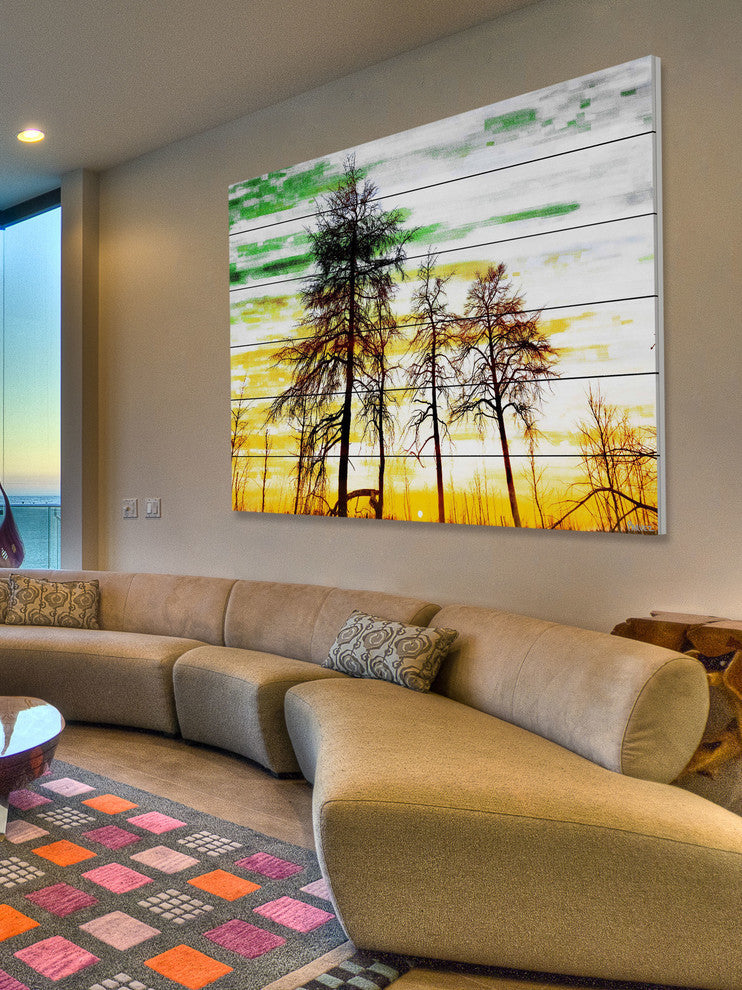 "Green and Gold Sky" Print on White Wood, 45"x30"