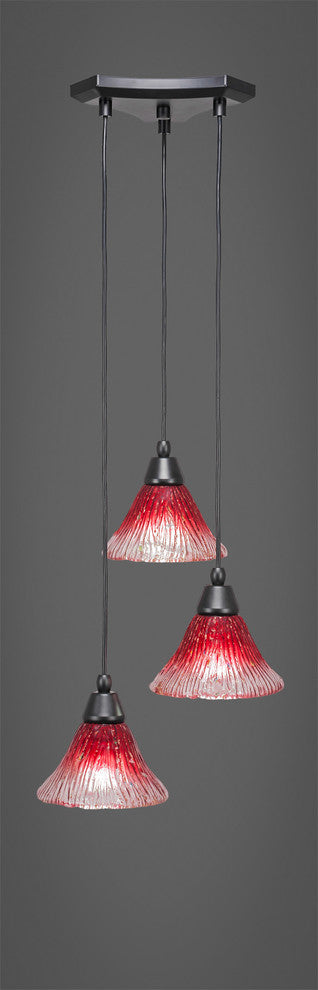 Europa 3-Light Cluster Pendalier, Matte Black/Raspberry Crystal