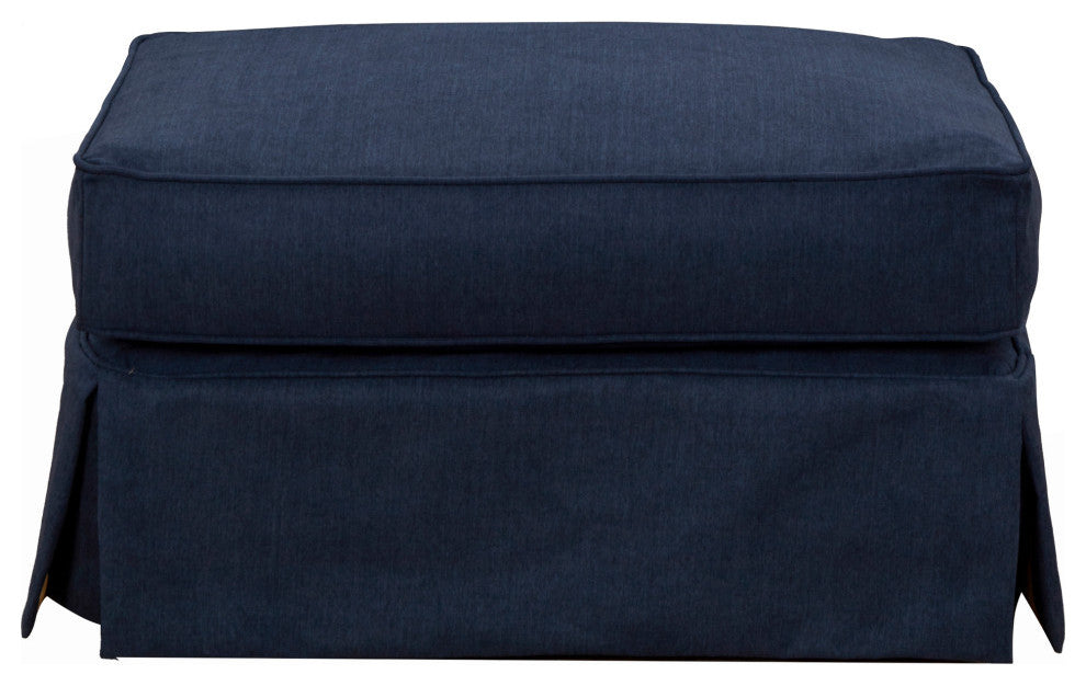 Box Cushion Slipcovered Ottoman, Stain Resistant Performance Fabric, Navy Blue