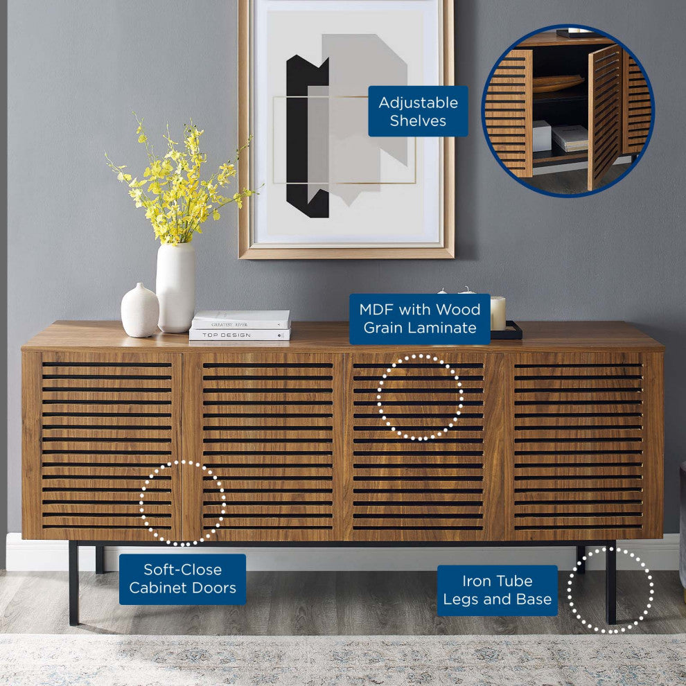 Media TV Stand Console Table, Rectangular, Wood, Metal, Brown Walnut, Modern