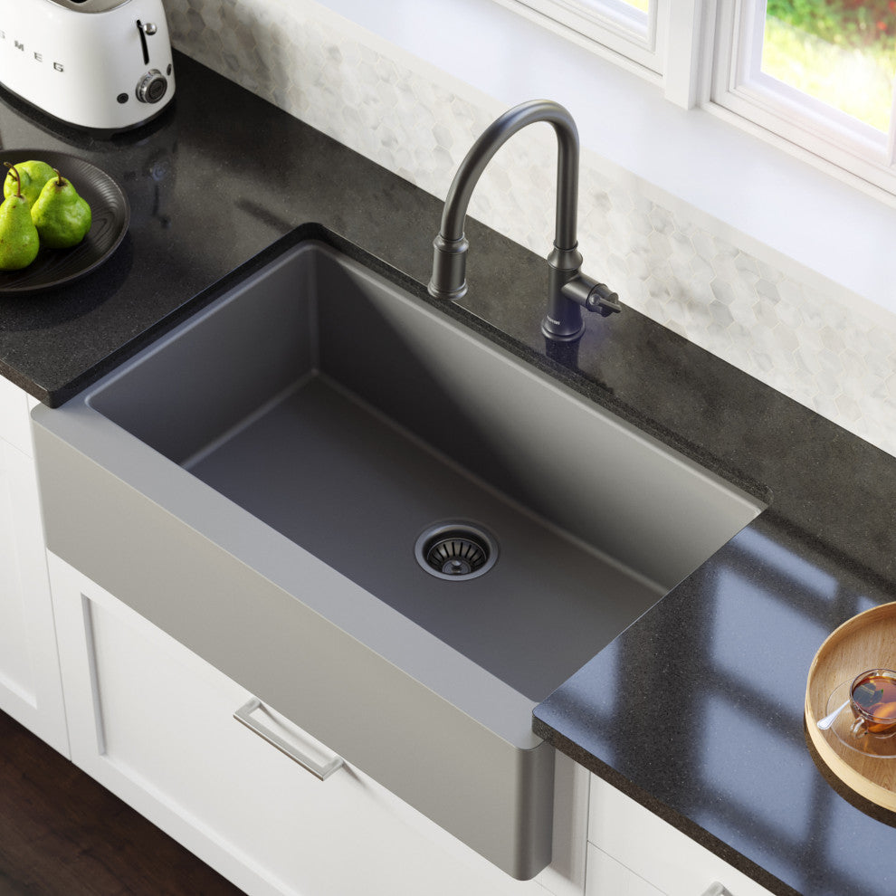Karran Farmhouse/Apron-Front Quartz 34" Single Bowl Sink Kit, Grey