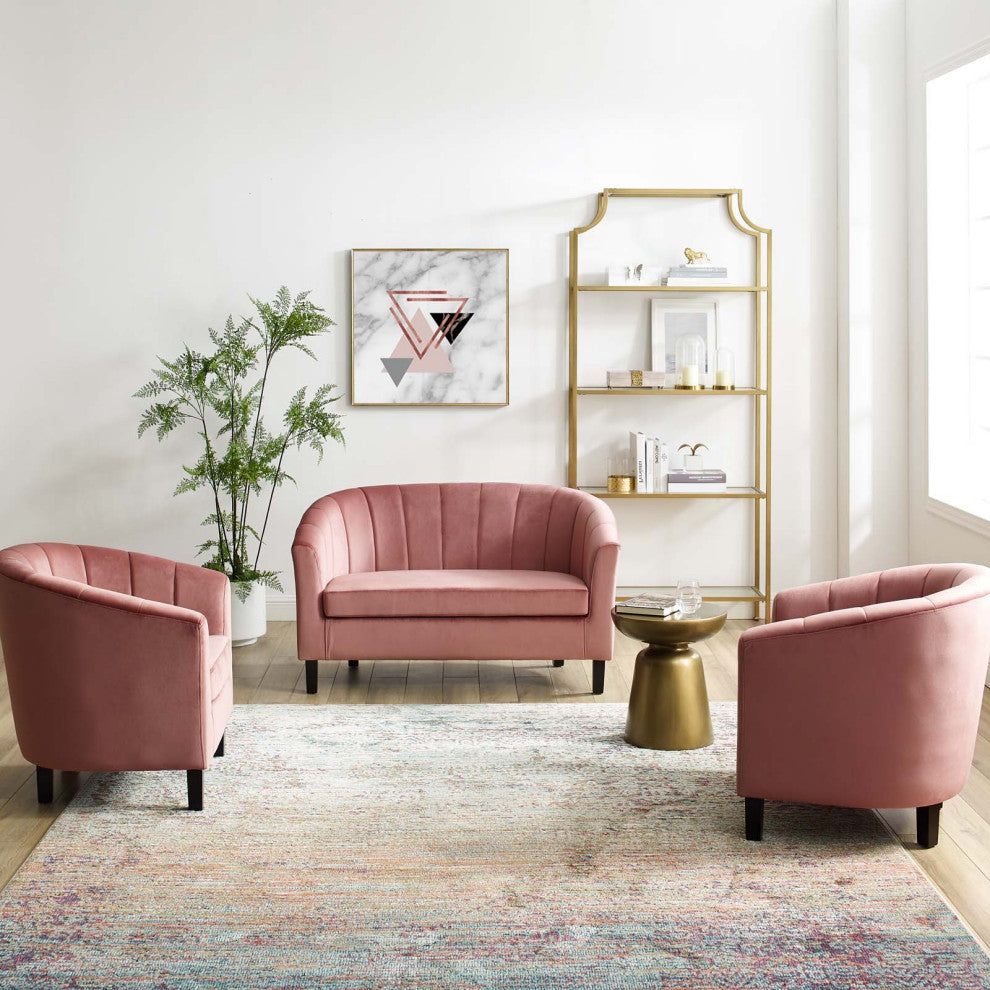 Tufted Armchair and Loveseat Sofa Set, Velvet, Pink, Modern, Lounge Hospitality