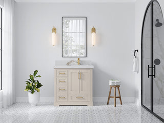 Boston 36" Right Offset Bath Vanity in Fine Grain 2" Calacatta Gold