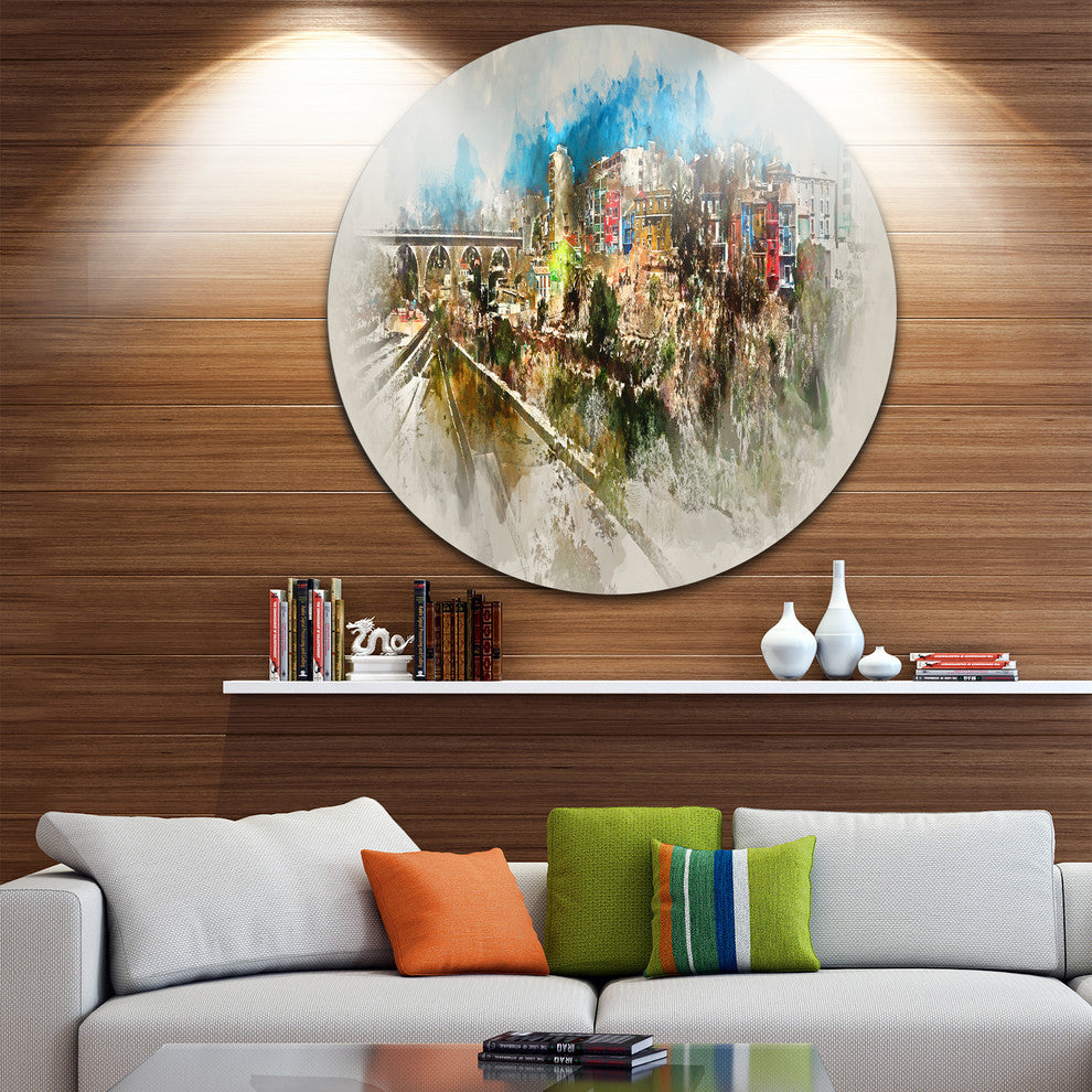Villajoyosa Town Watercolor, Cityscape Large Disc Metal Wall Art, 11"