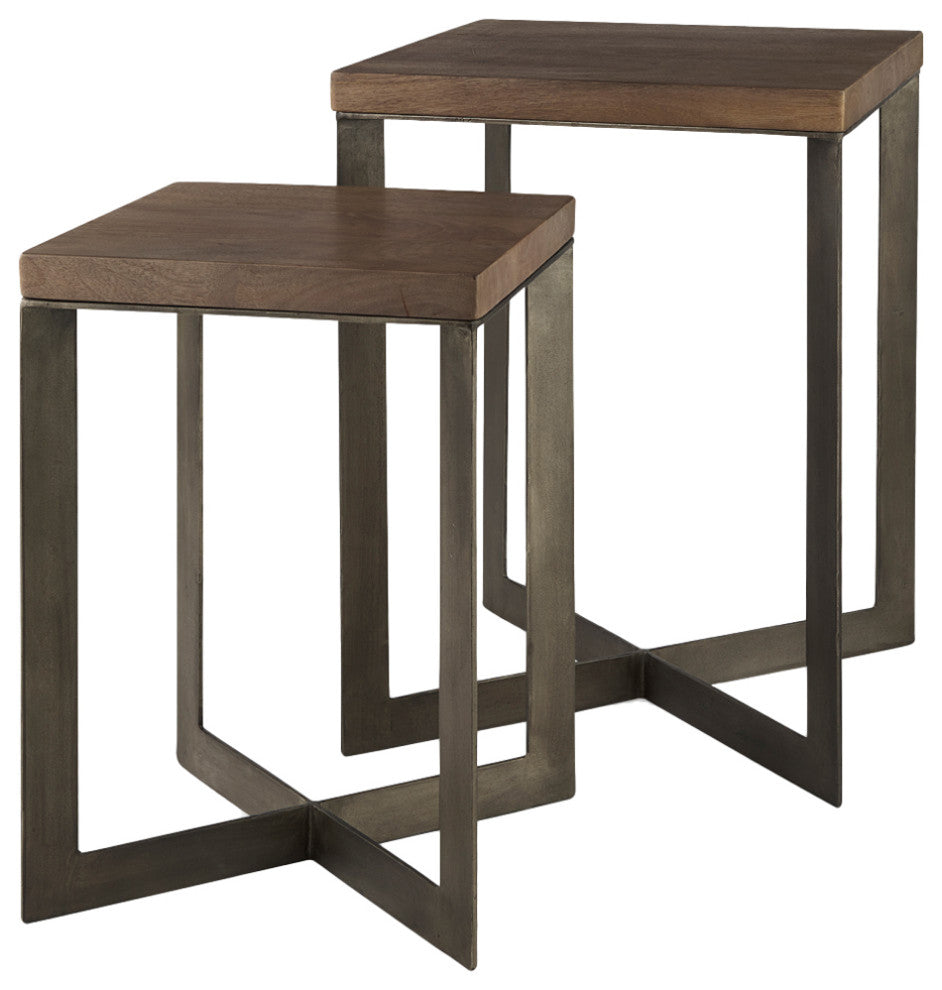 Faye 2-Piece Medium Brown Wood With Metal Base Accent Table Set