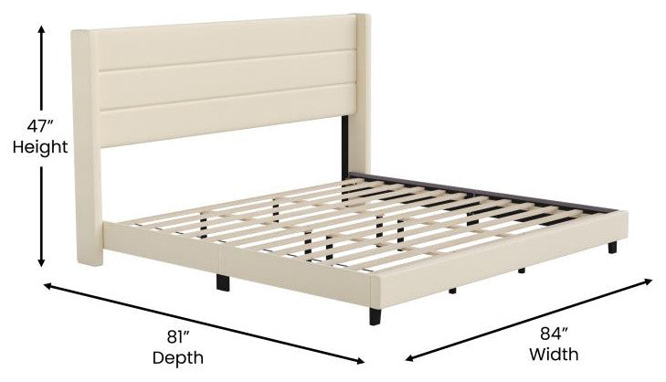 Hollis Upholstered Platform Bed with Wingback Headboard w/Mattress Foundation, Beige, King