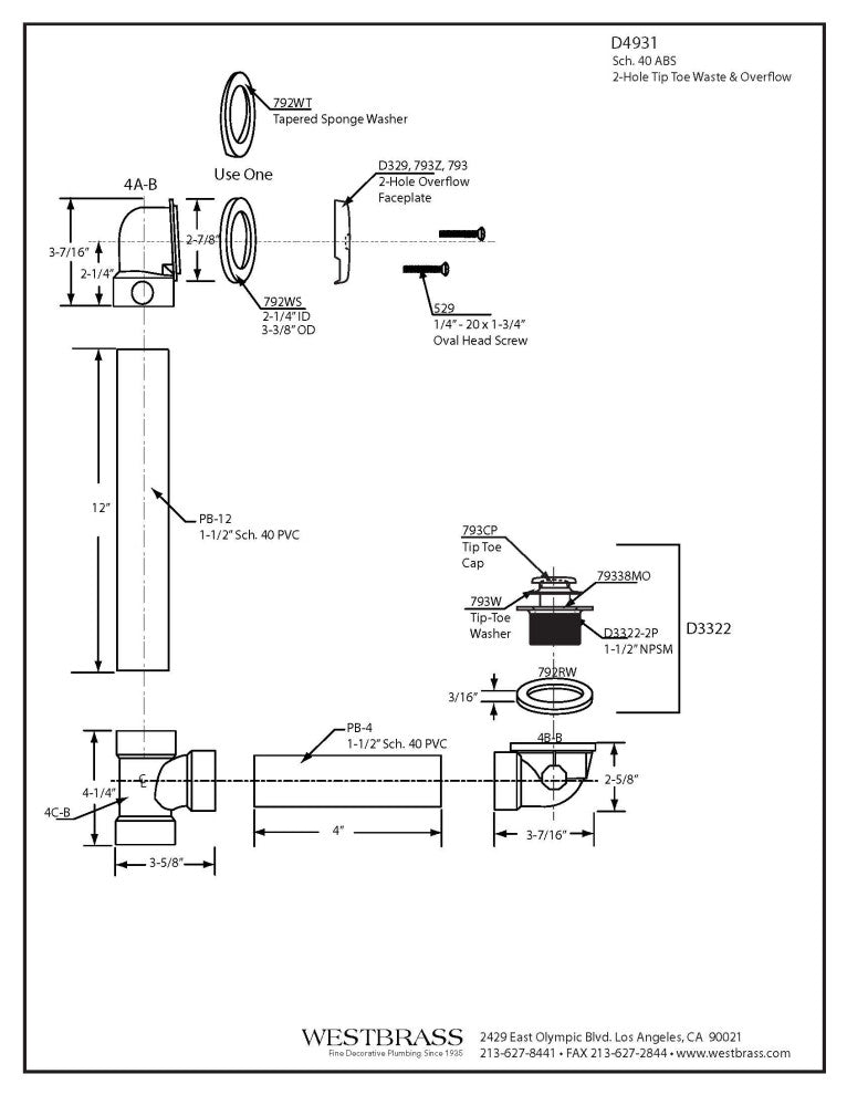 Tip Toe Sch. 40 ABS Bath Waste With Two-Hole Elbow, Stainless Steel