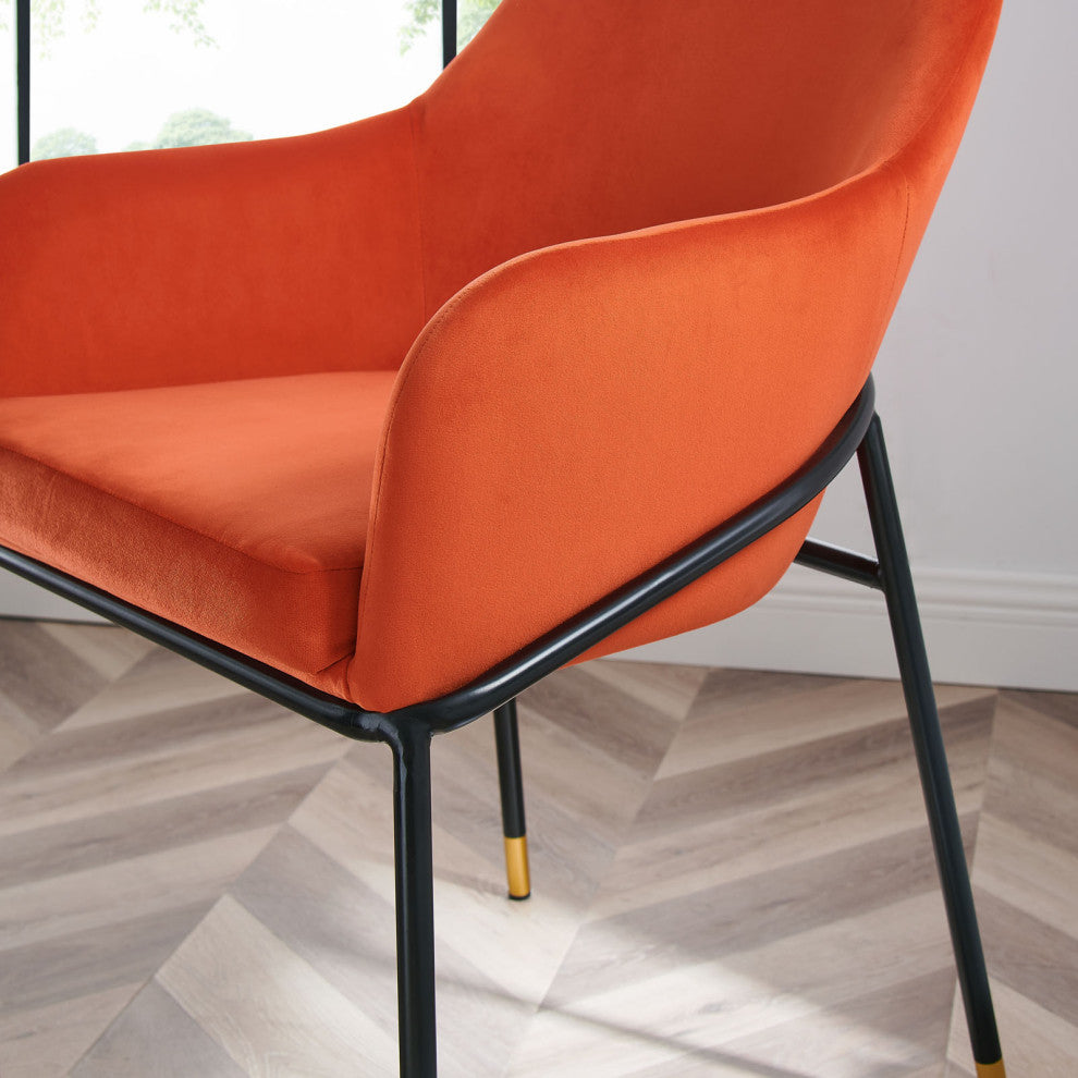 Dining Chair, Set of 2, Orange Black, Velvet, Modern Cafe Bistro Hospitality