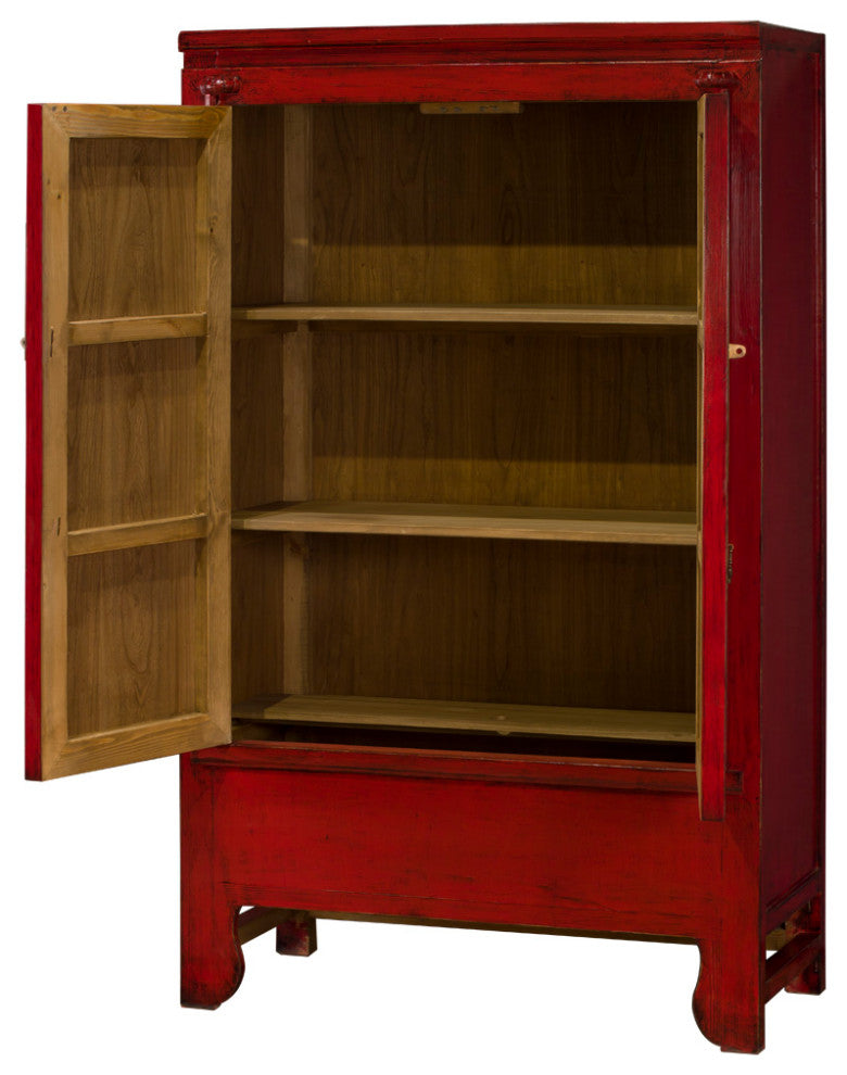 Distressed Elmwood Chinese Ming Wedding Armoire, Distressed Red
