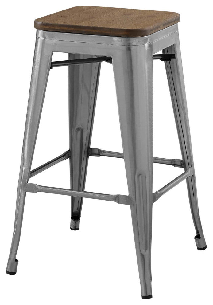 Counter Stool Chair, Set of 2, Wood, Metal, Gunmetal Silver, Modern, Bar Pub