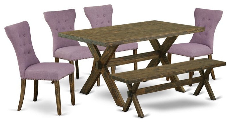 6-Piece Set, Dahlia Seat Chairs, Bench and Table With Wooden Legs, Jacobean