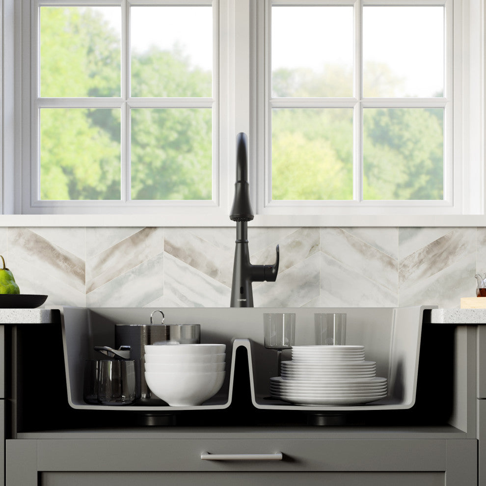 Karran 33" Top Mount Double Equal Bowl Quartz Kitchen Sink, Grey