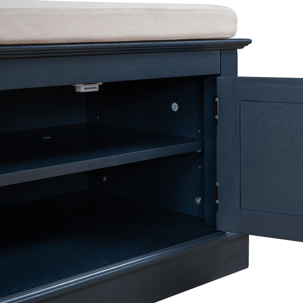 TATEUS 42" Wooden Storage Bench With 4 Doors and Adjustable Shelves for Entryway, Antique Navy