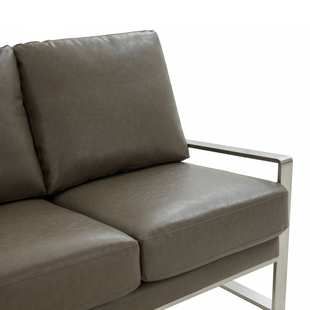 LeisureMod Jefferson Modern Faux Leather Sofa With Silver Frame, Gray