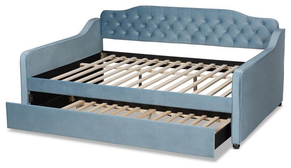 Bowery Hill Transitional Velvet Tufted Queen Size Daybed with Trundle in Blue