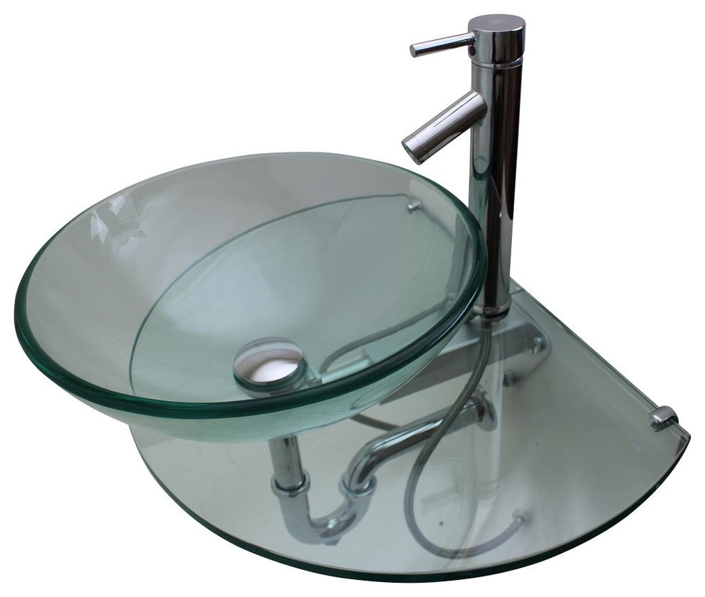 Wall Mount Tempered Glass Vessel Sink Round and Clear with Faucet and Drain