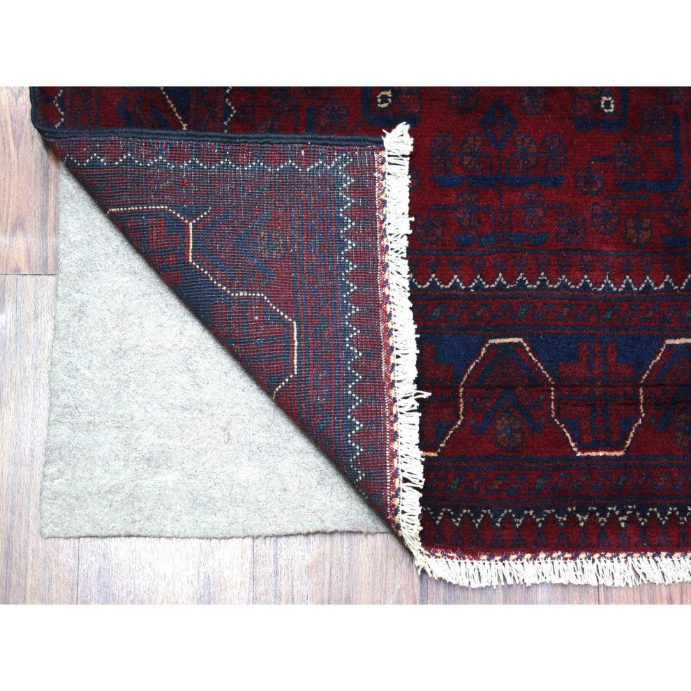 Red Geometric Design Hand Knotted Afghan Khamyab Pure Wool Runner Rug, 2'8"x9'6"