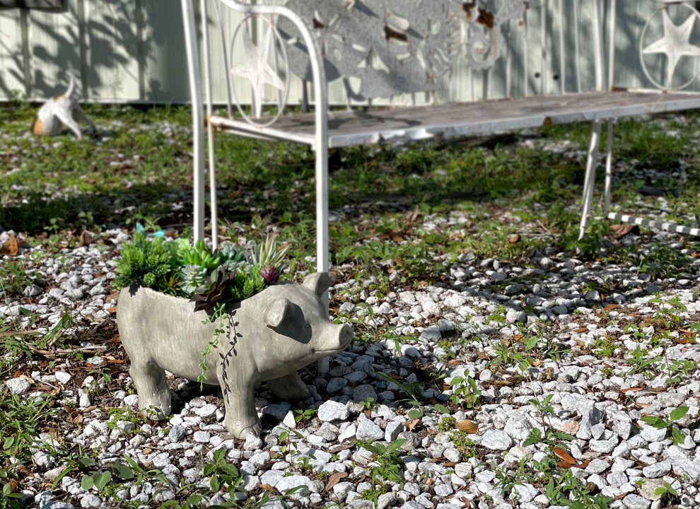 17 Inch Long Weathered Gray Finish Smiling Pig Planter