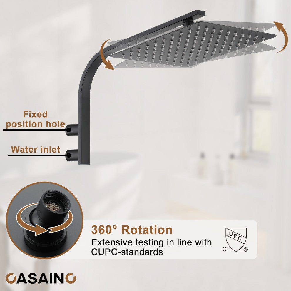 10inch Wall Mounted Rain Shower System With Handheld & Unique Shower Arm, Matte Black
