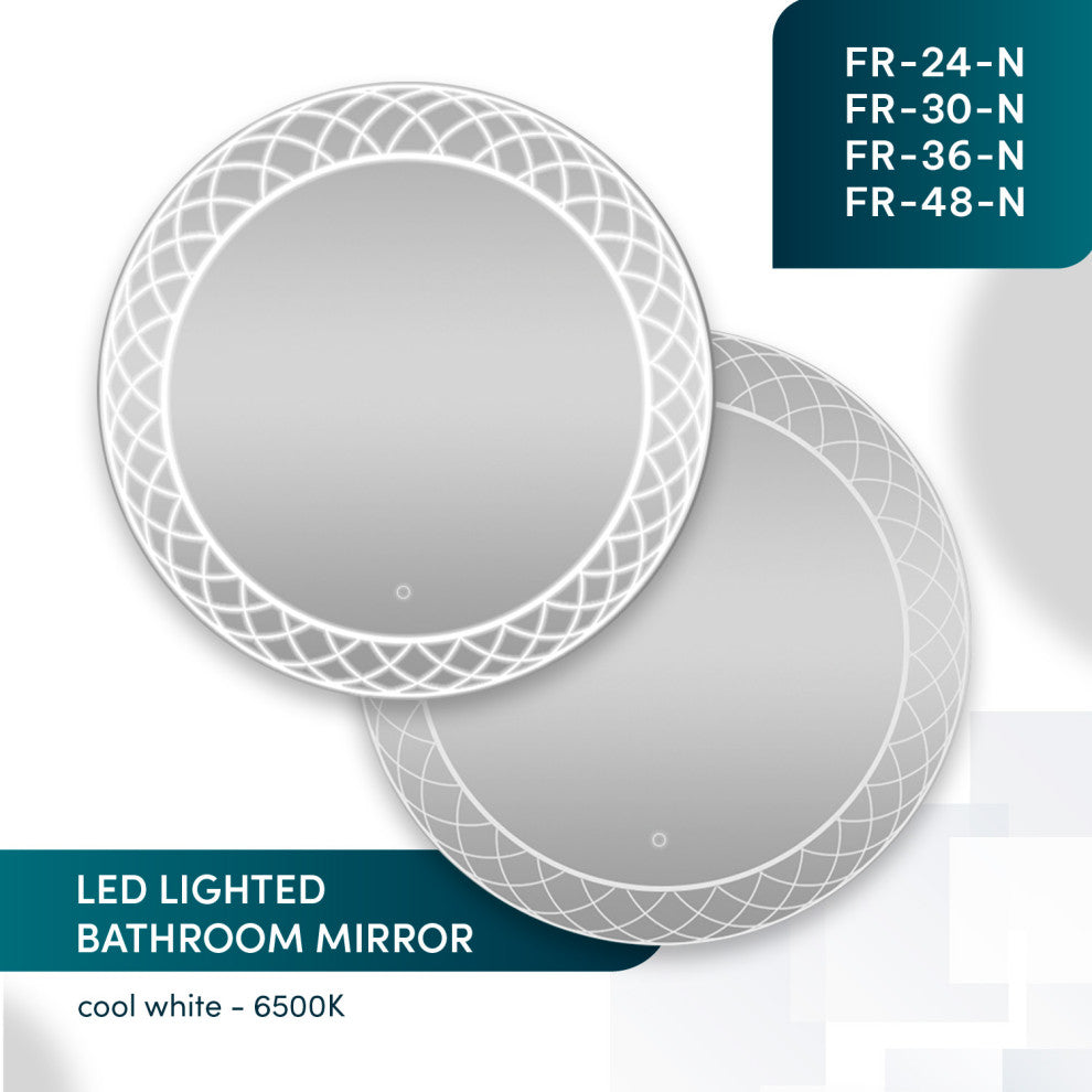 24" Frost, LED Lighted Round Mirror With Dimmer, Defogger, Touch Control.