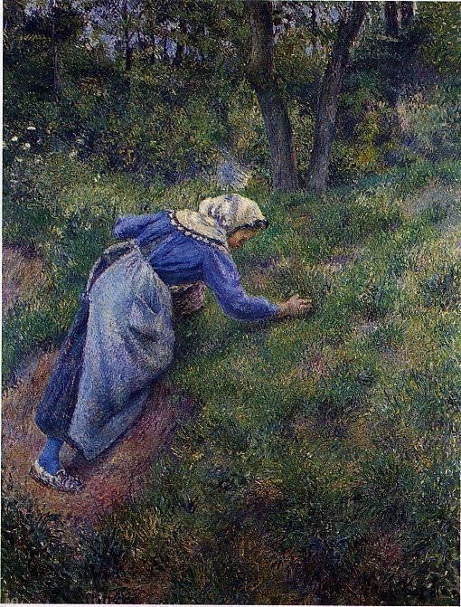 Camille Pissarro Peasant Gathering Grass, 21"x28" Wall Decal