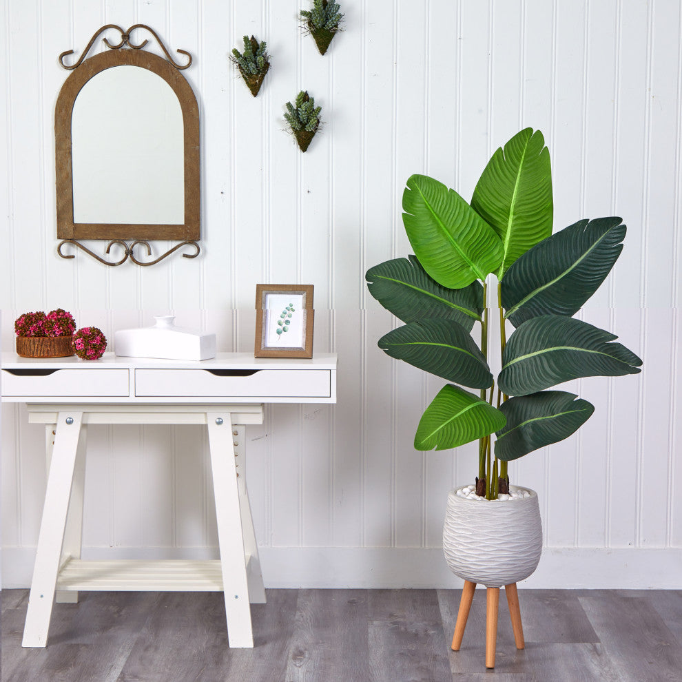 5'' Travelers Palm Artificial Tree, White Planter With Stand
