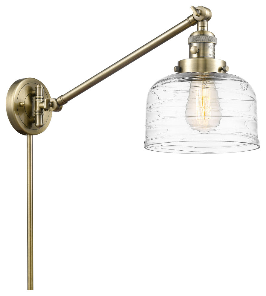 Bell Swing Arm With Switch, Antique Brass, Clear Deco Swirl, Clear Deco Swirl