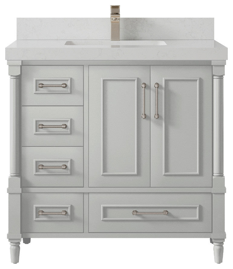 Aberdeen 36 Center Sink Bath Vanity in Coventry Gray 2" Carrara Quartz