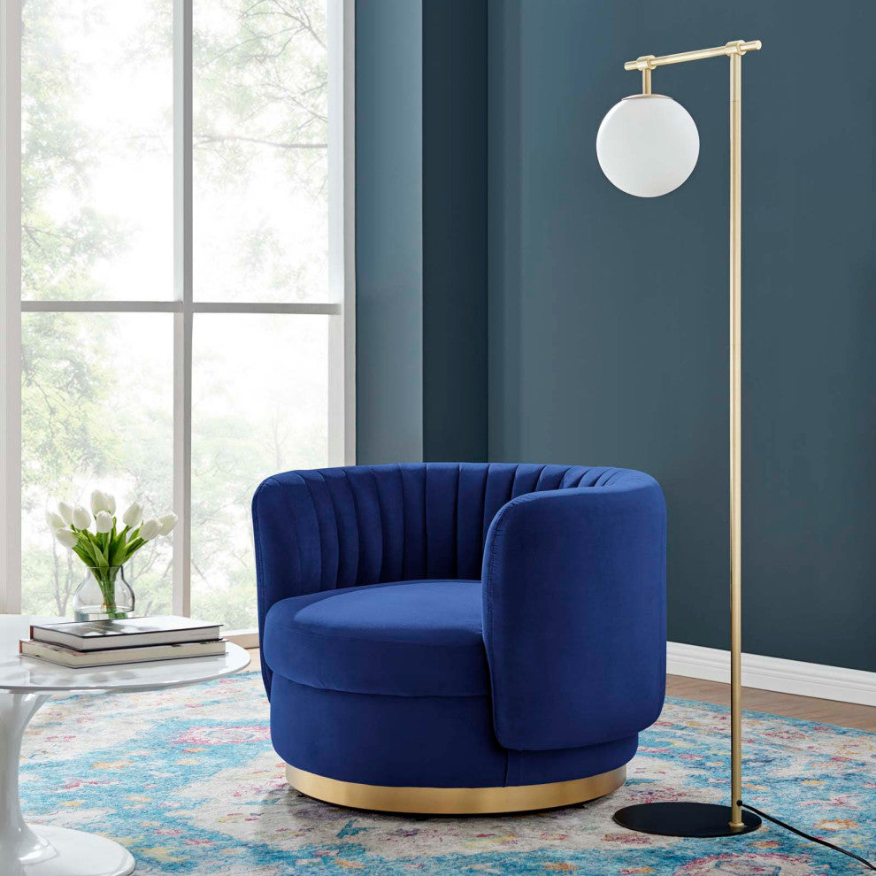 Armchair Swivel Accent Tufted Chair, Navy Gold, Velvet, Modern, Hospitality