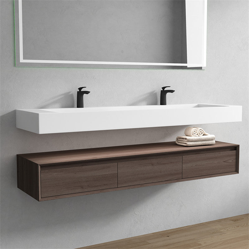 Alysa 72'' Floating Vanity, Acrylic Sink, Double Faucet Hole, Red Oak
