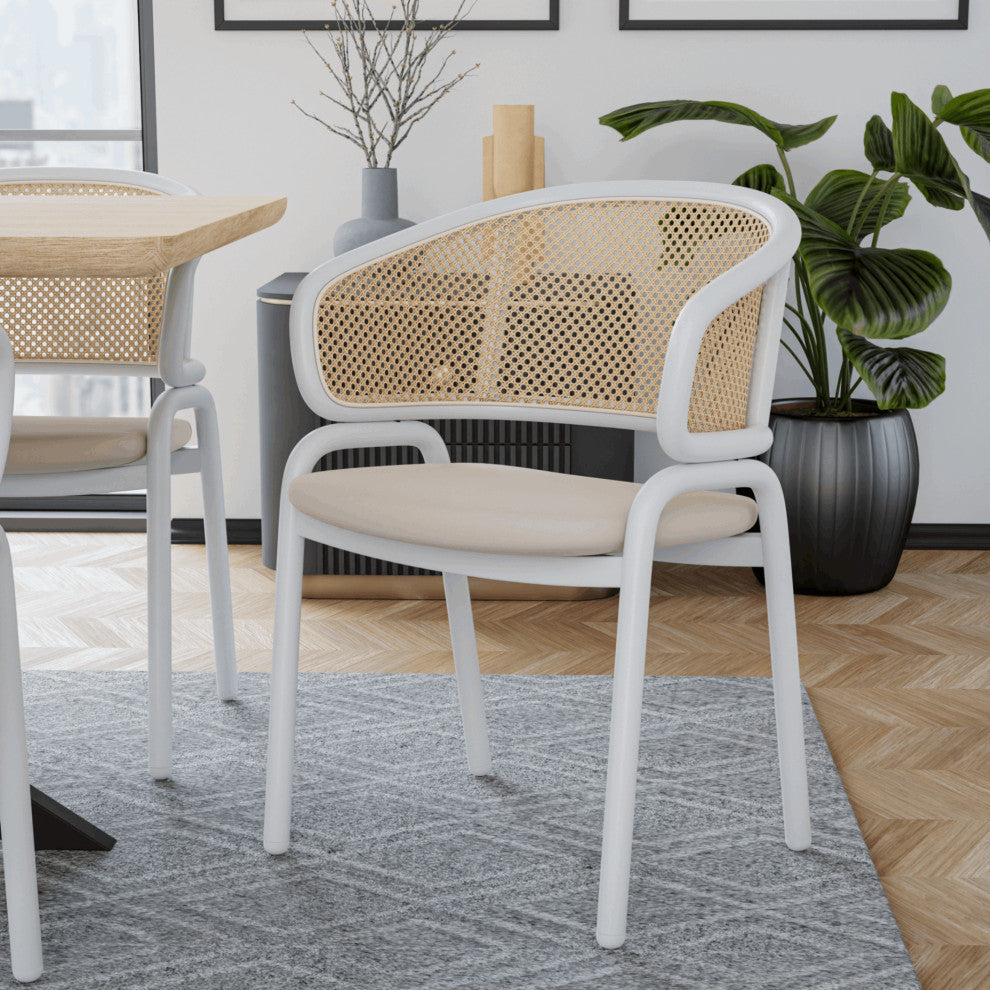 LeisureMod Ervilla Dining Armchair With White Steel Base, Beige